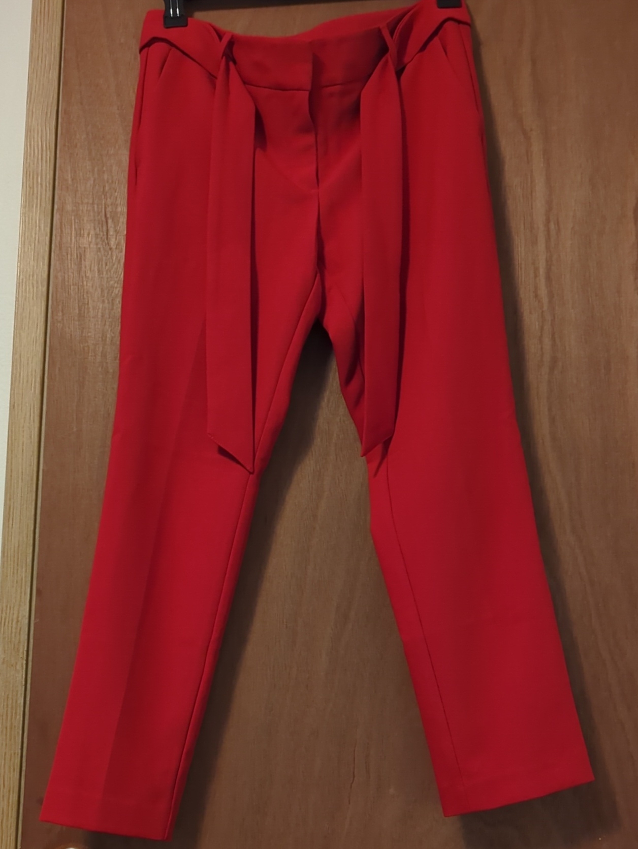Loft Coral Red High-Waist Slim Trousers With Tie Detail